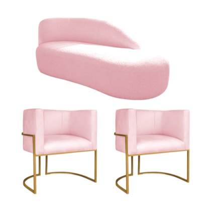 Kit Divã Luna 140cm Lado Direito e 02 Poltronas Base de Ferro Dourado Suede Rosa Bebe