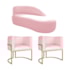 Kit Divã Luna 140cm Lado Direito e 02 Poltronas Base de Ferro Dourado Suede Rosa Bebe