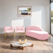 Kit Divã Luna 140cm Lado Direito e 02 Poltronas Base de Ferro Dourado Suede Rosa Bebe