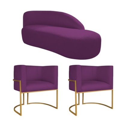 Kit Divã Luna 140cm Lado Direito e 02 Poltronas Base de Ferro Dourado Suede Roxo
