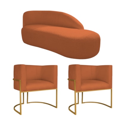 Kit Divã Luna 140cm Lado Direito e 02 Poltronas Base de Ferro Dourado Suede Terracota