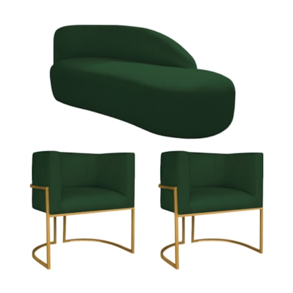 Kit Divã Luna 140cm Lado Direito e 02 Poltronas Base de Ferro Dourado Suede Verde
