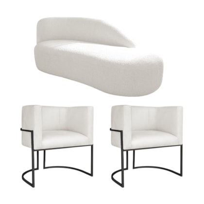 Kit Divã Luna 140cm Lado Direito e 02 Poltronas Base de Ferro Preto Bouclé Branco