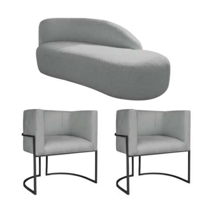 Kit Divã Luna 140cm Lado Direito e 02 Poltronas Base de Ferro Preto Bouclé Cinza