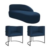 Kit Divã Luna 140cm Lado Direito e 02 Poltronas Base de Ferro Preto Suede Azul Marinho