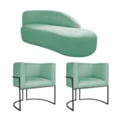 Kit Divã Luna 140cm Lado Direito e 02 Poltronas Base de Ferro Preto Suede Azul Tiffany