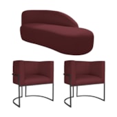 Kit Divã Luna 140cm Lado Direito e 02 Poltronas Base de Ferro Preto Suede Bordo