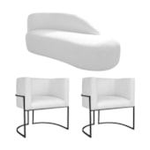 Kit Divã Luna 140cm Lado Direito e 02 Poltronas Base de Ferro Preto Suede Branco