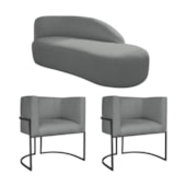 Kit Divã Luna 140cm Lado Direito e 02 Poltronas Base de Ferro Preto Suede Cinza