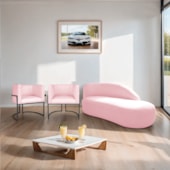 Kit Divã Luna 140cm Lado Direito e 02 Poltronas Base de Ferro Preto Suede Rosa Bebe