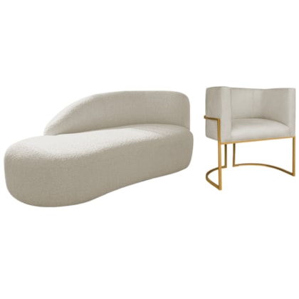 Kit Divã Luna 140cm Lado Esquerdo e 01 Poltrona Base de Ferro Dourado Bouclé Bege