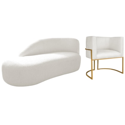 Kit Divã Luna 140cm Lado Esquerdo e 01 Poltrona Base de Ferro Dourado Bouclé Branco