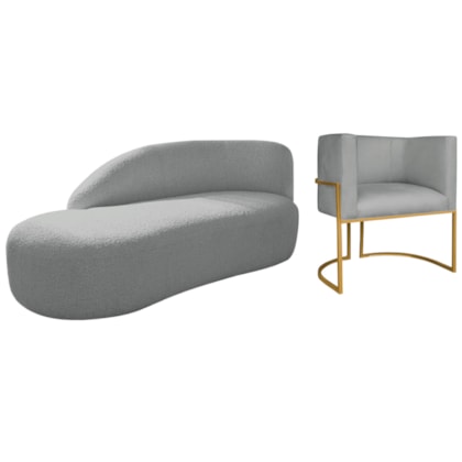 Kit Divã Luna 140cm Lado Esquerdo e 01 Poltrona Base de Ferro Dourado Bouclé Cinza