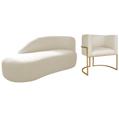 Kit Divã Luna 140cm Lado Esquerdo e 01 Poltrona Base de Ferro Dourado Linho Bege