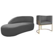 Kit Divã Luna 140cm Lado Esquerdo e 01 Poltrona Base de Ferro Dourado Linho Cinza Escuro