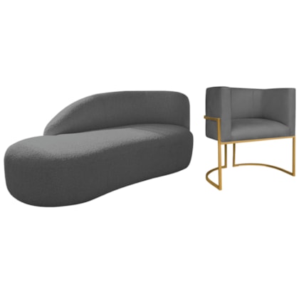 Kit Divã Luna 140cm Lado Esquerdo e 01 Poltrona Base de Ferro Dourado Linho Cinza Escuro