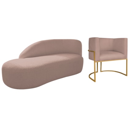 Kit Divã Luna 140cm Lado Esquerdo e 01 Poltrona Base de Ferro Dourado Linho Rose