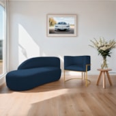 Kit Divã Luna 140cm Lado Esquerdo e 01 Poltrona Base de Ferro Dourado Suede Azul Marinho