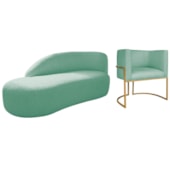 Kit Divã Luna 140cm Lado Esquerdo e 01 Poltrona Base de Ferro Dourado Suede Azul Tiffany