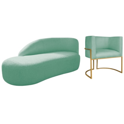 Kit Divã Luna 140cm Lado Esquerdo e 01 Poltrona Base de Ferro Dourado Suede Azul Tiffany
