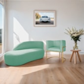 Kit Divã Luna 140cm Lado Esquerdo e 01 Poltrona Base de Ferro Dourado Suede Azul Tiffany