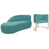 Kit Divã Luna 140cm Lado Esquerdo e 01 Poltrona Base de Ferro Dourado Suede Azul Turquesa