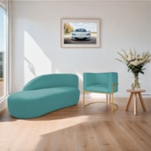 Kit Divã Luna 140cm Lado Esquerdo e 01 Poltrona Base de Ferro Dourado Suede Azul Turquesa