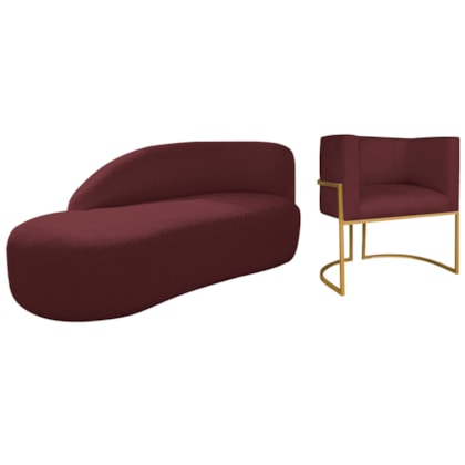 Kit Divã Luna 140cm Lado Esquerdo e 01 Poltrona Base de Ferro Dourado Suede Bordo