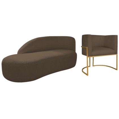 Kit Divã Luna 140cm Lado Esquerdo e 01 Poltrona Base de Ferro Dourado Suede Marrom