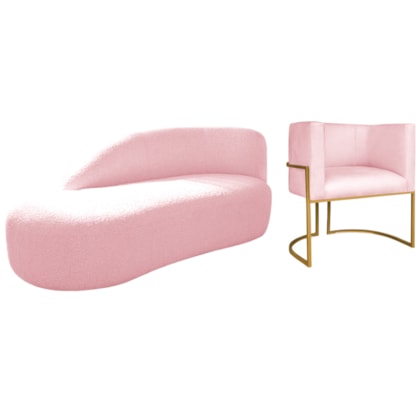 Kit Divã Luna 140cm Lado Esquerdo e 01 Poltrona Base de Ferro Dourado Suede Rosa Bebe