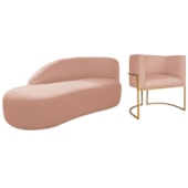 Kit Divã Luna 140cm Lado Esquerdo e 01 Poltrona Base de Ferro Dourado Suede Rose