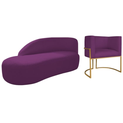 Kit Divã Luna 140cm Lado Esquerdo e 01 Poltrona Base de Ferro Dourado Suede Roxo