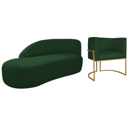 Kit Divã Luna 140cm Lado Esquerdo e 01 Poltrona Base de Ferro Dourado Suede Verde