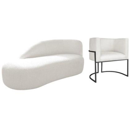 Kit Divã Luna 140cm Lado Esquerdo e 01 Poltrona Base de Ferro Preto Bouclé Branco