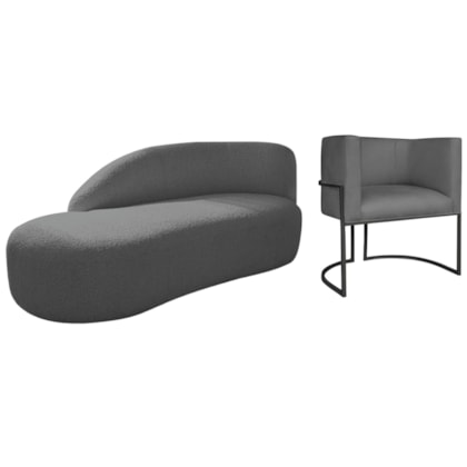 Kit Divã Luna 140cm Lado Esquerdo e 01 Poltrona Base de Ferro Preto Linho Cinza Escuro