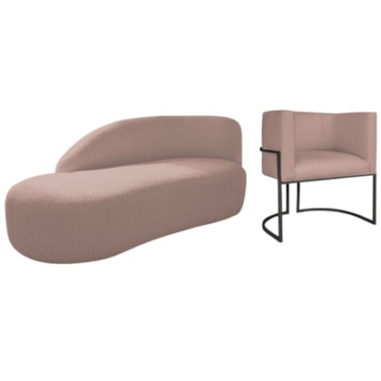 Kit Divã Luna 140cm Lado Esquerdo e 01 Poltrona Base de Ferro Preto Linho Rose