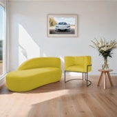 Kit Divã Luna 140cm Lado Esquerdo e 01 Poltrona Base de Ferro Preto Suede Amarelo