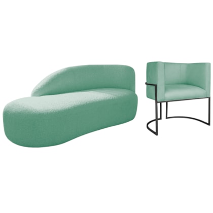 Kit Divã Luna 140cm Lado Esquerdo e 01 Poltrona Base de Ferro Preto Suede Azul Tiffany