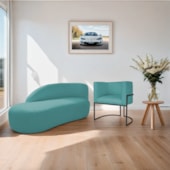 Kit Divã Luna 140cm Lado Esquerdo e 01 Poltrona Base de Ferro Preto Suede Azul Turquesa