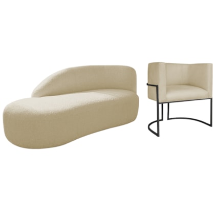 Kit Divã Luna 140cm Lado Esquerdo e 01 Poltrona Base de Ferro Preto Suede Bege