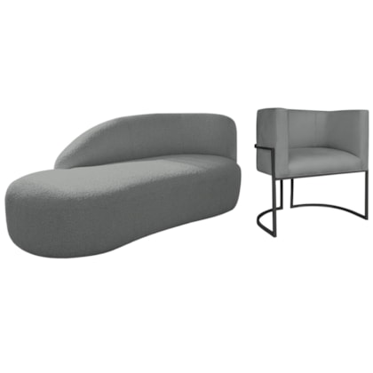 Kit Divã Luna 140cm Lado Esquerdo e 01 Poltrona Base de Ferro Preto Suede Cinza