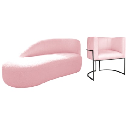 Kit Divã Luna 140cm Lado Esquerdo e 01 Poltrona Base de Ferro Preto Suede Rosa Bebe