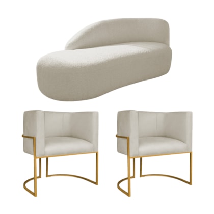 Kit Divã Luna 140cm Lado Esquerdo e 02 Poltronas Base de Ferro Dourado Bouclé Bege