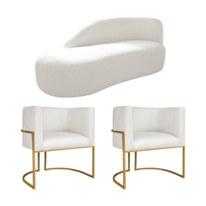Kit Divã Luna 140cm Lado Esquerdo e 02 Poltronas Base de Ferro Dourado Bouclé Branco