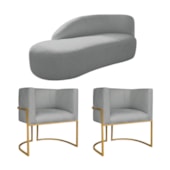 Kit Divã Luna 140cm Lado Esquerdo e 02 Poltronas Base de Ferro Dourado Bouclé Cinza