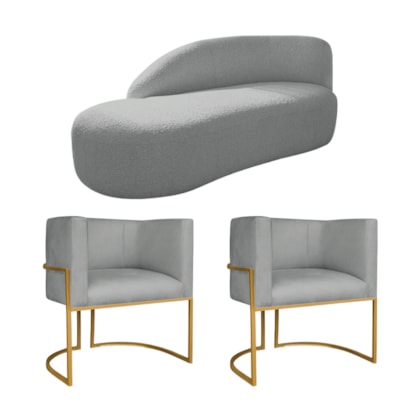 Kit Divã Luna 140cm Lado Esquerdo e 02 Poltronas Base de Ferro Dourado Bouclé Cinza