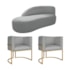 Kit Divã Luna 140cm Lado Esquerdo e 02 Poltronas Base de Ferro Dourado Bouclé Cinza