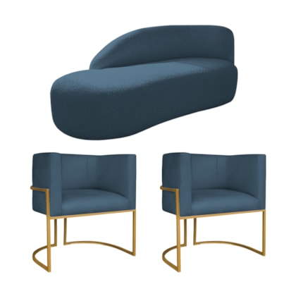Kit Divã Luna 140cm Lado Esquerdo e 02 Poltronas Base de Ferro Dourado Linho Azul Royal