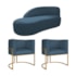 Kit Divã Luna 140cm Lado Esquerdo e 02 Poltronas Base de Ferro Dourado Linho Azul Royal