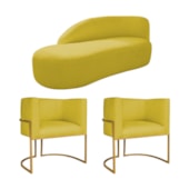Kit Divã Luna 140cm Lado Esquerdo e 02 Poltronas Base de Ferro Dourado Suede Amarelo